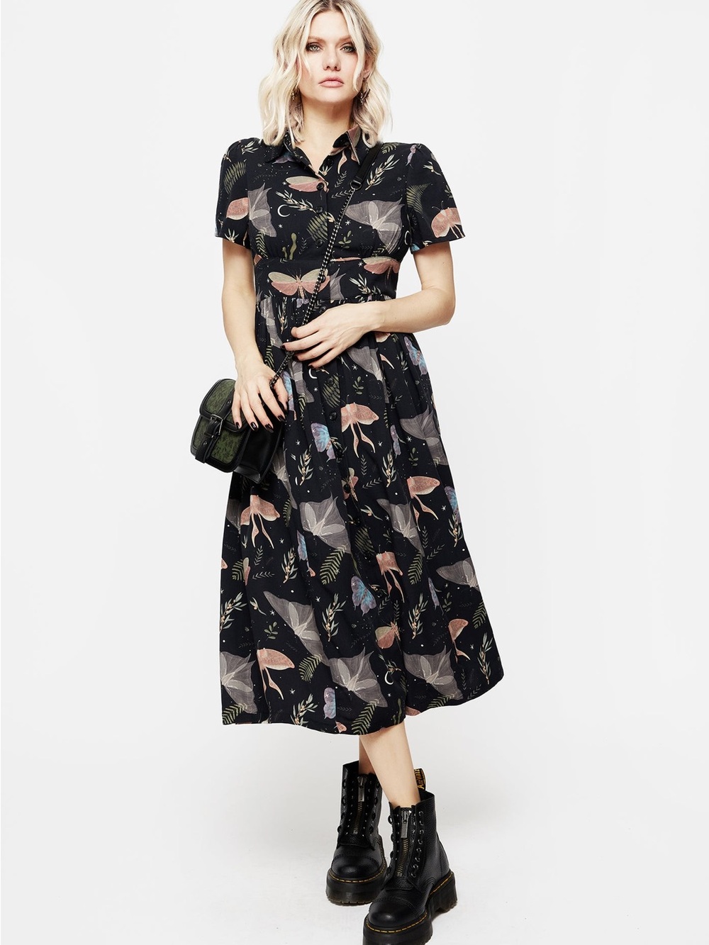 Disturbia Nightmoth Short Sleeve Midi Shirt Dress US 6 Black Whimsigoth Goth
